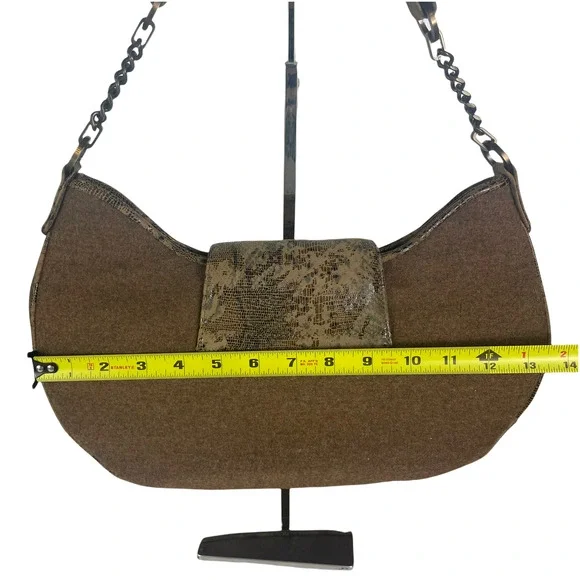 Worth Patent Leather Snakeskin Print Foldover Button Top Handle Fabric Wool Bag - Picture 11 of 12